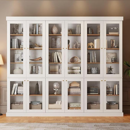 70.8" Bookshelf with Glass Doors, Farmhouse Modular Bookcase with 6-Tier Adjustable Shelves, Large Storage Cabinet for Living Room & Home Office, Set of 4, White