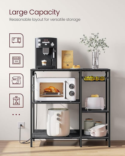 VASAGLE Baker's Rack, Coffee Bar Stand with Charging Station, Storage Shelves, Pull-Out Wire Basket, Table for Microwave, Kitchen, Charcoal Gray UKKS036B22, 15.7 x 35.4 x 35.6 Inches