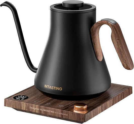Electric Kettle, Gooseneck Electric Kettle, ±1℉ Precise Temperature Control, Stainless Steel Interior, Quick Heating for Pour Over Coffee, Tea & Boiling Water, 0.9L (Matte Black & Wood)