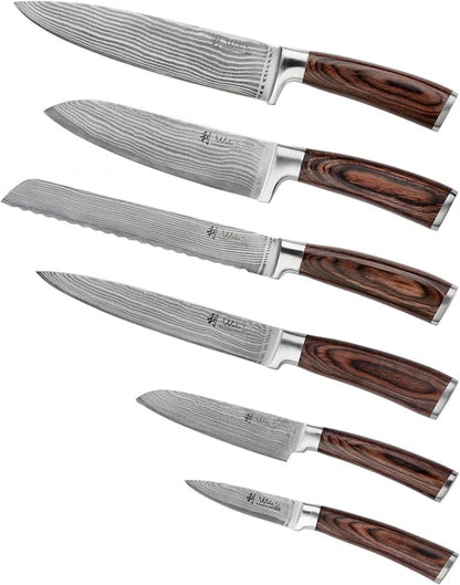Wakoli EDIB 6-Piece Damascus Knife Block Set – Professional Japanese Style Kitchen Knives with Magnetic Acacia Block | Genuine Damascus Steel Blades with VG10 Core | Ergonomic Pakkawood Handles