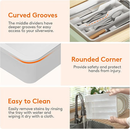 Lifewit Silverware Tray, Deep Wide Cutlery Drawer Organizer Storage for Kitchen, Plastic Flatware Utensil Holder Divider for Spoons Forks Knives Tableware, 5 Compartment, White