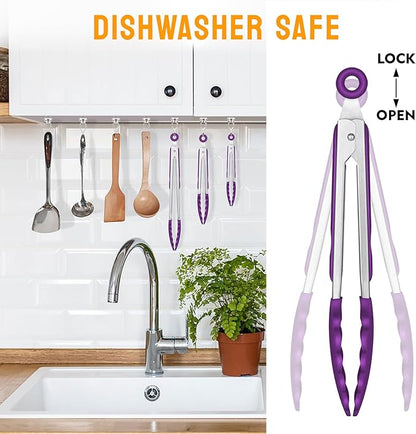 HOTEC Premium Stainless Steel Locking Kitchen Tongs with Silicon Tips, Set of 3-7", 9" and 12" (Purple)