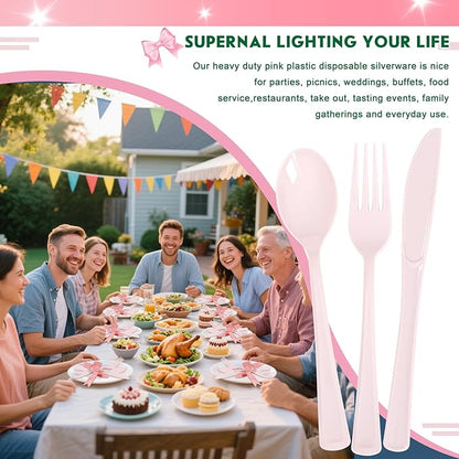 Supernal 300 Pieces Pink Plastic Silverware Heavy Duty Disposable Silverware Pink Utensils Disposable Cutlery Set 100 Forks 100 Knives 100 Spoons for Wedding Party Supplies Everyday Use