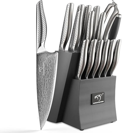 NANFANG BROTHERS® 16 Pieces Damascus Kitchen Knife Set, High Carbon Damascus Steel Chef Knife Set, Stainless Steel Ergonomic Handle for Chef, with Built-in Sharpening Rod