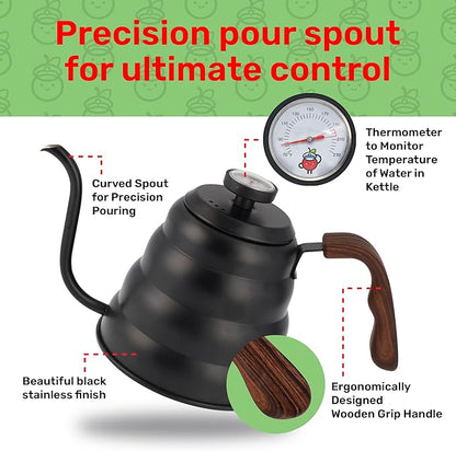 Japanese Gooseneck Kettle Stovetop with Thermometer and Insulated Handle (4-piece, 1200ml / 40.6 oz), Stainless Steel Pour Over Tea Kettle Stovetop, Precision Pour Kettles Pot for Coffee & Tea
