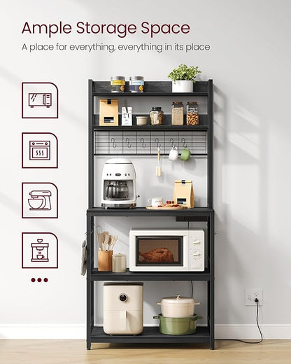 VASAGLE Hutch Bakers Rack with Power Outlet, 14 Hooks Microwave Stand, Adjustable Coffee Bar with Metal Wire Panel, Kitchen Storage Shelf, 15.7 x 31.5 x 66.9 Inches, Charcoal Gray and Ink Black