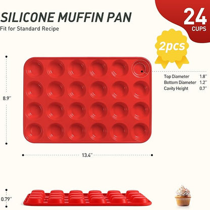2 Pack 24 Cups Silicone Mini Muffin Pan with Metal Reinforced Frame Silicone Molds Cupcake Cake Baking Cheesecake Pans Cookie Baking Chocoflan Cupcake Mold Mini Bundt Cake Pan Women Gift