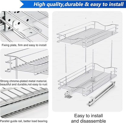 Fulgente Chrome Finish Pull Out Drawer Cabinet Organizer, Professional Wire Frame 2 Tier Heavy Duty Slide Out Kitchen Cabinet Storage Shelves, Sliding Drawer for Cabinet 11"W x 21"D