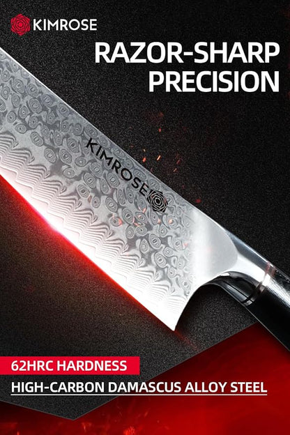 KIMROSE Damascus Chef Knife - 8 inch - High-Carbon Alloy Steel - G10 Handle - Magnetic Sheath - Razor Sharp Kitchen Knife - 10Cr15CoMoV Cutting Core - Gift Box
