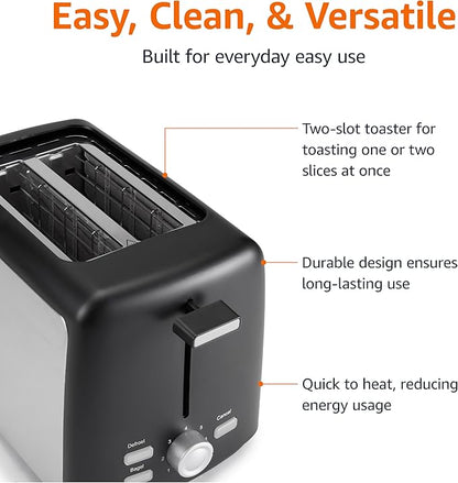 Amazon Basics 2 Slice Toaster, With 7 Browning Settings, Extra Wide Slots For Bagels and Special Breads, Removable Easy-to-Clean Crumb Trays, Cancel/Defrost/Bagel Buttons, 800W, Black & Silver