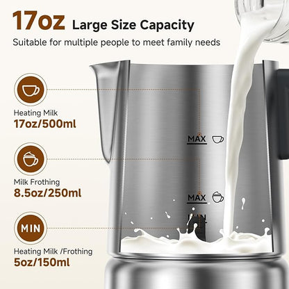 Milk Frother and Steamer [Upgraded], AMZCHEF All-in-1 Detachable Frother for Coffee 600W, Automatic Warm and Cold Foam Maker, Stainless Steel Jug, Dishwasher Safe, LED Display