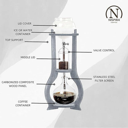Nispira Iced Coffee Cold Brew Drip Tower Coffee Maker Wooden, 6-8 cup, Grey