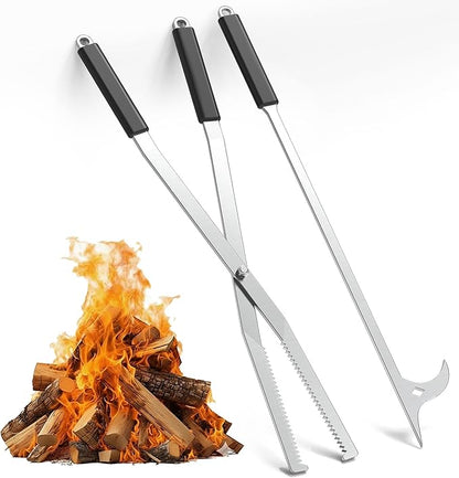 Tredre Fire Tongs and Fire Poker Set, Stainless Steel Fire Pit Tools for Outside, Heavy Duty Fireplace Tongs Log Grabber for Campfire, Wood Stove, Rust-Resistant Firewood Tong Set