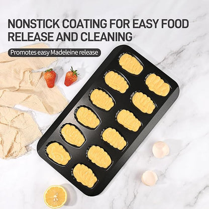 2 Pack Madeleine Pans for Baking, 12 Cavity Heavy Duty Shell Shape Baking Mold Nonstick Cookie Cake Pan for Oven（BLACK）