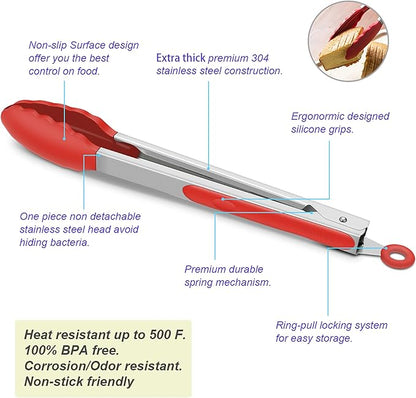 4 Pack Red Kitchen Tongs, Premium Silicone BPA Free Non-Stick Stainless Steel BBQ Cooking Grilling Locking Food Tongs, 9-Inch & 12-Inch