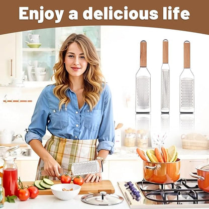 SHIKORI Professional Cheese Graters for Kitchen Stainless Steel Handheld, Metal Lemon Zester Grater With Wood Handle For Cheese, Chocolate, Spices, Kitchen Gadgets And Tools-Square Hole