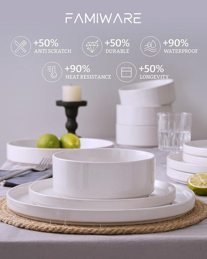Famiware Nebula Plates and Bowls Set, 12 Pieces Dinnerware Sets, Dishes Set for 4, White with Colorful Speckles