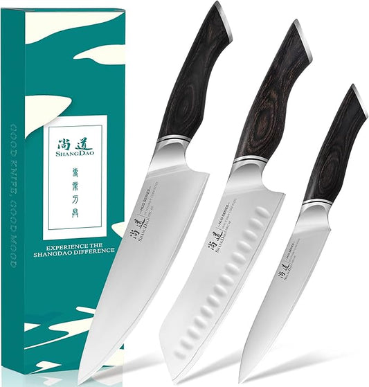 SHANGDAO Kitchen Knives Set, 3-Piece Chefs Knife Set High Carbon VG10 Stainless Steel with Ultra Sharp Blade & Professional Chef Knives, Japanese Cooking Knife with Gift Box