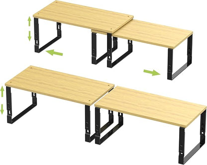 Adjustable Storage Shelves for Kitchen Cabinet Organization - Set of 2 Stackable Metal & Solid Wood Racks, Space-Saving Design for Countertop/Pantry/Garage, Easy Assembly(2 Packs/Large/Black)