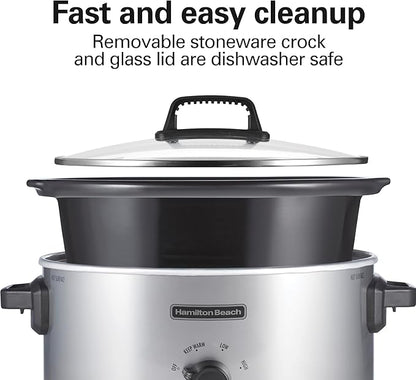 Hamilton Beach 6-Quart Slow Cooker with 3 Cooking Settings, Dishwasher-Safe Stoneware Crock & Glass Lid, Silver (33665G)