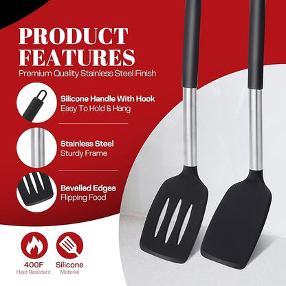 Silicone Spatula Set - Pack of 2 Non Stick Slotted Kitchen Spatulas, Heat Resistant Silicone Turner for Frying, Baking, BPA-Free, Slotted Spatula for Nonstick Cookware
