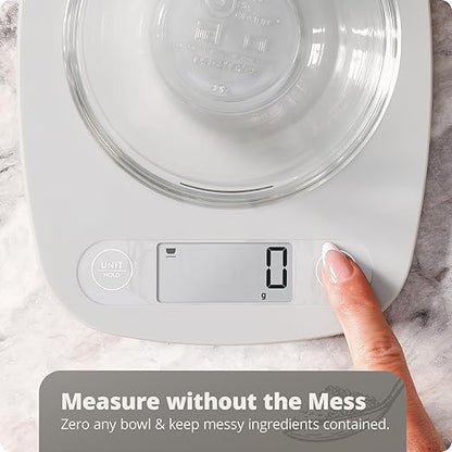 Greater Goods Slim Digital Kitchen Scale 11lb/5kg – Compact Food Scale with 1g Increments for Everyday Cooking, Baking & Meal-Prep, Lightweight Plastic Design, Non-Backlit Display, Battery Included
