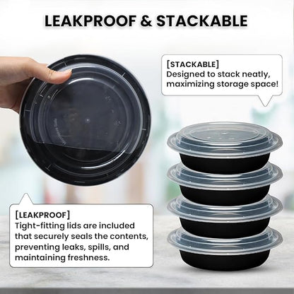 Klex 48 Oz, 50 Sets Meal Prep Containers with Airtight Lids, BPA Free, Reusable Plastic Food Container, 48 oz, Round, Black/Clear, 50 Sets