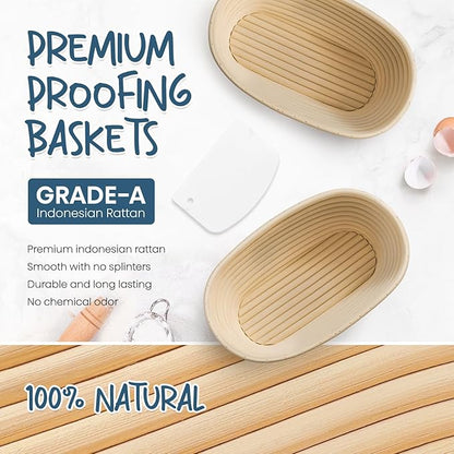 Rorecay Banneton Bread Proofing Baskets Set of 2, 10 Inch Oval Cane Sourdough Bread Rising Basket Bowls with Sourdough Bread Lame Dough Scraper Basting Brush for Sour Dough Proofing Fermentation