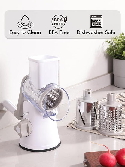 Rotary Cheese Grater with Handle - 3 in 1 Cheese Shredder Rotary Grater Stainless Steel Handheld, Vegetable Slicer for Fruit, Cheese, Nuts(White)