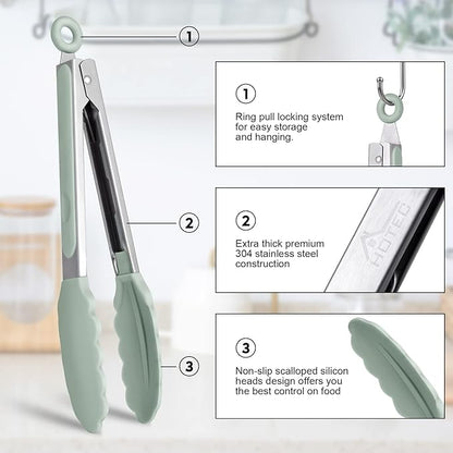 Hotec Premium Stainless Steel Locking Kitchen Tongs with Silicon Tips, Set of 2-9" and 12" Light Green