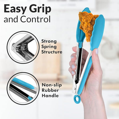 Zulay Stainless Steel Kitchen Tongs with Silicone Tips - Set of 2 (9” & 12”) Locking Cooking Tongs with Non-Slip Grip - Heat Resistant, BBQ Food Tongs for Non-Stick Cooking Pans (Silver/Light Blue)