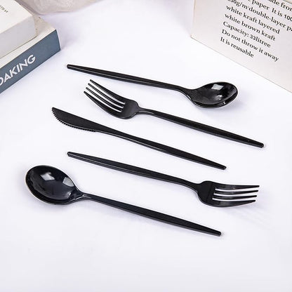 PULOTE 150PCS Black Plastic Silverware Set Disposable - Heavy Duty Black Plastic Cutlery - Black Plastic Utensils Set Include 50 Forks,50 Spoons,50 Knives for Party&New Year