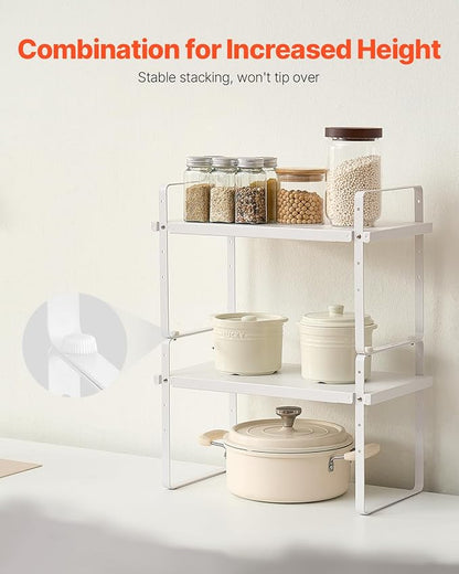 VEVOR Adjustable Kitchen Cabinet Shelf Organizer, Expandable 2 Tier Cabinet Shelf, Stackable Countertop Organizers and Storage Risers, Pantry for Kitchen Bathroom Office, White