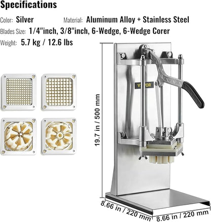 VEVOR Commercial French Fry Cutter with 4 Replacement Blades, 1/4 and 3/8 Blade Easy Dicer Chopper, 6-wedge Slicer and 6-wedge Apple Corer, Lemon Potato Cutter for French Fries with Extended Handle