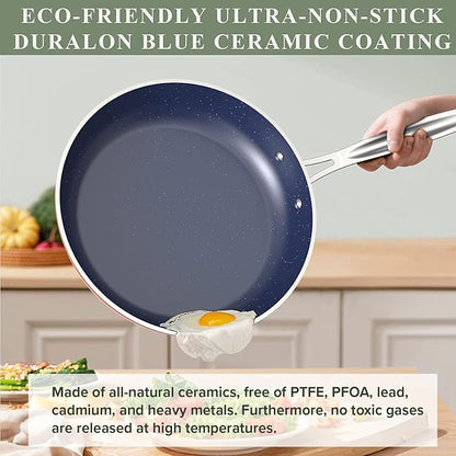 Nuwave 9pc Cookware Set Healthy Duralon Blue Ceramic Nonstick Coated, Diamond Infused Scratch-Resistant, PFAS Free, Oven Safe, Induction Ready & Evenly Heats, Tempered Glass Lids & Stay-Cool Handle