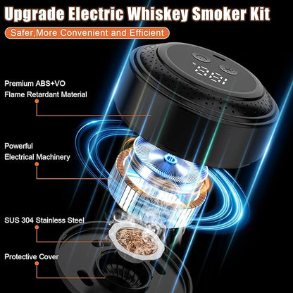 Electric Whiskey Smoker Kit, Rechargeable Cocktail Smoker Kit with 6 Wood Chips, Built-in Lighter, No Butane Needed, Old Fashioned Smoker kit，Gifts for Men, Dad, Husband (Black)