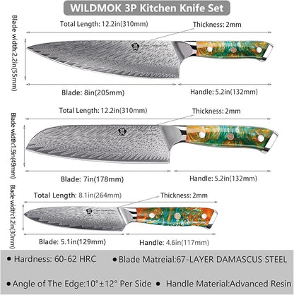 WILDMOK Damascus Kitchen Knife Set, Chef Knife Set, Sharp Damascus Steel Forged Blade Kitchen Knives Set with Ergonomic Resin Handle