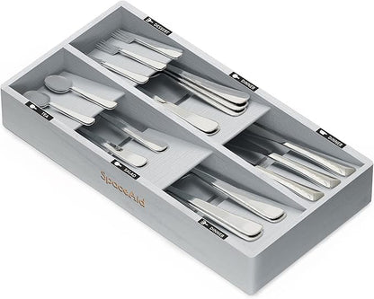 SpaceAid Bamboo Silverware Drawer Organizer with Labels, Kitchen Utensil Tray Holder Organizer for Flatware, Cutlery, Spoon and Knives Drawer Storage Organization (Gray, 6 Slots)