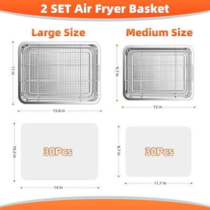 Air Fryer Basket for Oven, 2 Set Oven Air Fryer Basket and Tray with 60 PCS Parchment Papers, DEGOVIN Crisper Tray Non-stick Stainless Steel Air Fry Pans for Convection Oven(15.8" × 11" & 13" × 9.7")