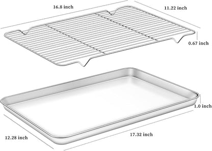 Deedro Baking Sheet with Rack Set [2 Sheets + 2 Racks], Stainless Steel Cookie Half Sheets Baking Pan Oven Tray with Cooling Rack, 17.32 x 12.28 x 1 Inch, Heavy Duty, Non-toxic, Easy Clean
