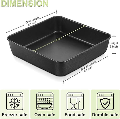 E-far 9x9 Baking Pan, Nonstick Square Cake Pan with Stainless Steel Core, Black Metal Bakeware for Brownies Lasagna Cakes, Non-toxic & Easy Clean, 2 Inch Deep