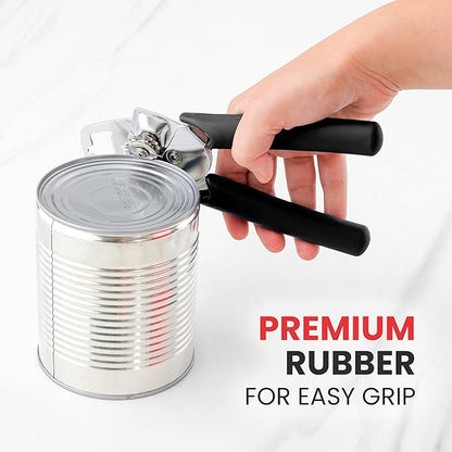Zulay Kitchen Heavy Duty Stainless Steel Manual Can Opener – Ergonomic Soft Grip Handles, Smooth Edge Cutting Wheel & Large Built In Bottle Opener – Easy Turn Knob for Effortless Use - Black