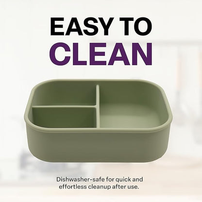 Silicone Bento Box, 3 Compartments, BPA-Free, Leak-Resistant, Dishwasher and Microwave Safe, Perfect for Work, Travel & Meal Prep, (Green)