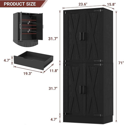 Unikito Kitchen Pantry Cabinet with Farmhouse Barn Doors and Storage Drawer, 4 Adjustable Shelves, Freestanding Tall 71" Cupboard for Kitchen, Dining Room, Living Room, Utility Room, Black