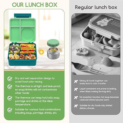 Bento Box for Kids - Leak-Proof Bento Lunch Box with Insulated Thermos Food Jar - 4 Compartments, 1 Removable Divider, 1Spoon, 1 Fork - Dishwasher Safe, BPA-Free (Green)