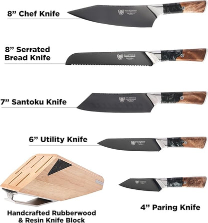 DALSTRONG Knife Block Set - 5 Piece - Valhalla Series - Ravenstone Black Blade Titanium Coated - Premium 9CR18MOV HC Steel - Resin & Wood Handle - Razor Sharp - Kitchen Cooking Chef's Knife