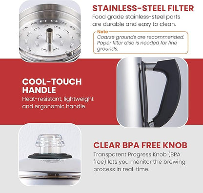 Elite Gourmet EC924 Electric Coffee Percolator, BPA Free, Keep Warm, Clear Brew Progress Knob, Cool-Touch Handle, Cordless Serve, 12-Cup, Stainless Steel