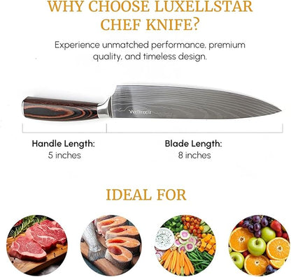 Chef Knife 8 Inch High Carbon Japanese Steel Ultra Sharp with Ergonomic Pakka Wood Stylish Handle, Durable 5CR15 Grade Blade Razor Edge, Gift Box for Family and Friends
