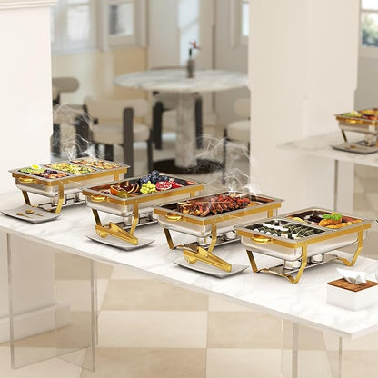 4 Pack Stainless Steel Chafing Dishes for Buffet, 9 QT Capacity 7 Pans Food Warmers for Parties, Weddings, Events Hosting, Family Gatherings, Full Set Catering Server with Serving Utensils Accessories