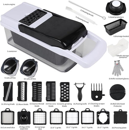 Multifunctional vegetable cutter 26 in 1 vegetable slicer, cucumber slicer, potatoes, tomatoes, zucchini, garlic, eggs, vegetable cutter with container and lid, salad cutter, dicing machine, shredder